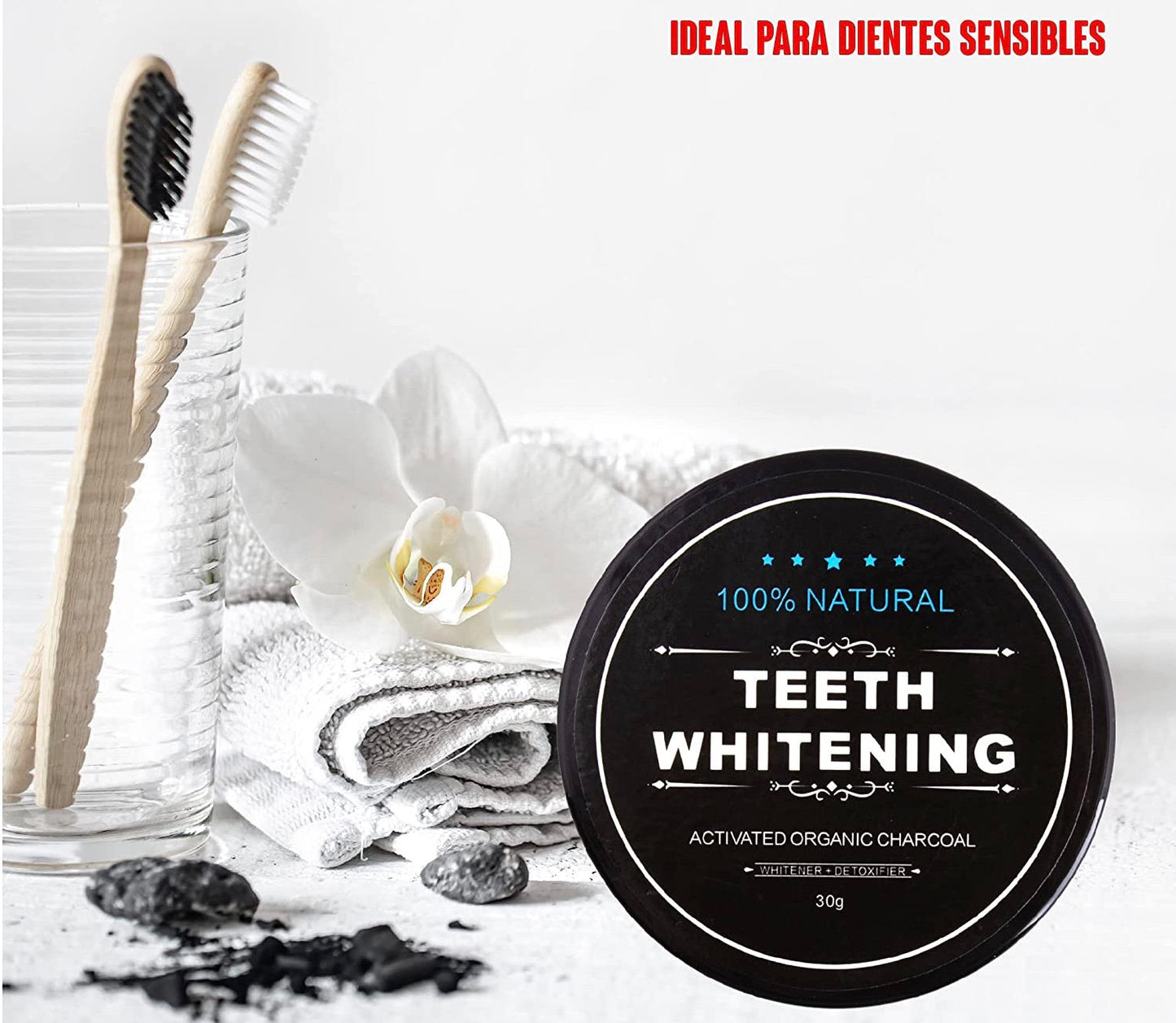 Polvo Blanqueador Dental de Carbón Activado Natural + Cepillo de Bambú – Sonrisa Más Blanca de Forma Natural
