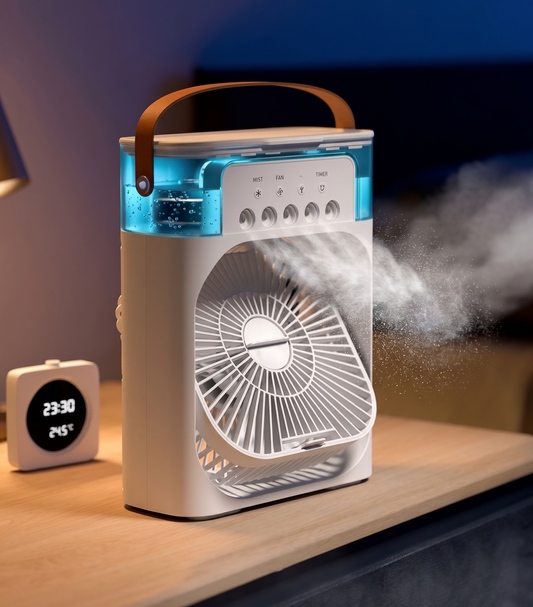 Ventilador Climatizador Portátil con Pulverizador y LED – Bruma Fría y Frescor Instantáneo